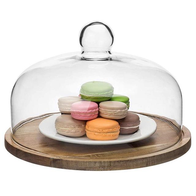 MyGift 11-inch Rotating Round Acacia Wood Turntable Cake & Cheese Display Stand with Glass Dome Lid