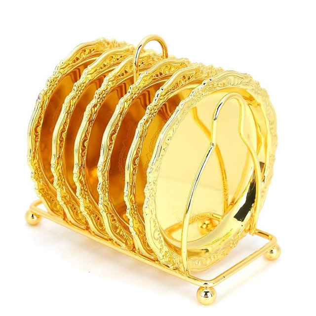 Coasters for Drinks, Set of 6 Non Slip Metal Cup Mats Desktop Display with Holder Decorative Tabletop Protection Gold European Style Coasters