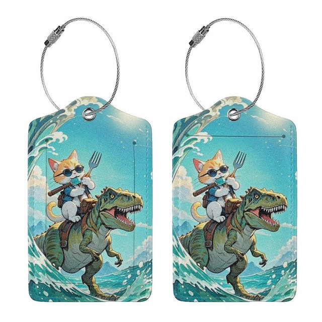 Luggage Tags for Suitcases Funny Leather Carnival Cruise Luggage Tags Cute Travel Name Tags for Cruise Ships Travel Essentials 2 Pack (Dinosaurs and Cats)