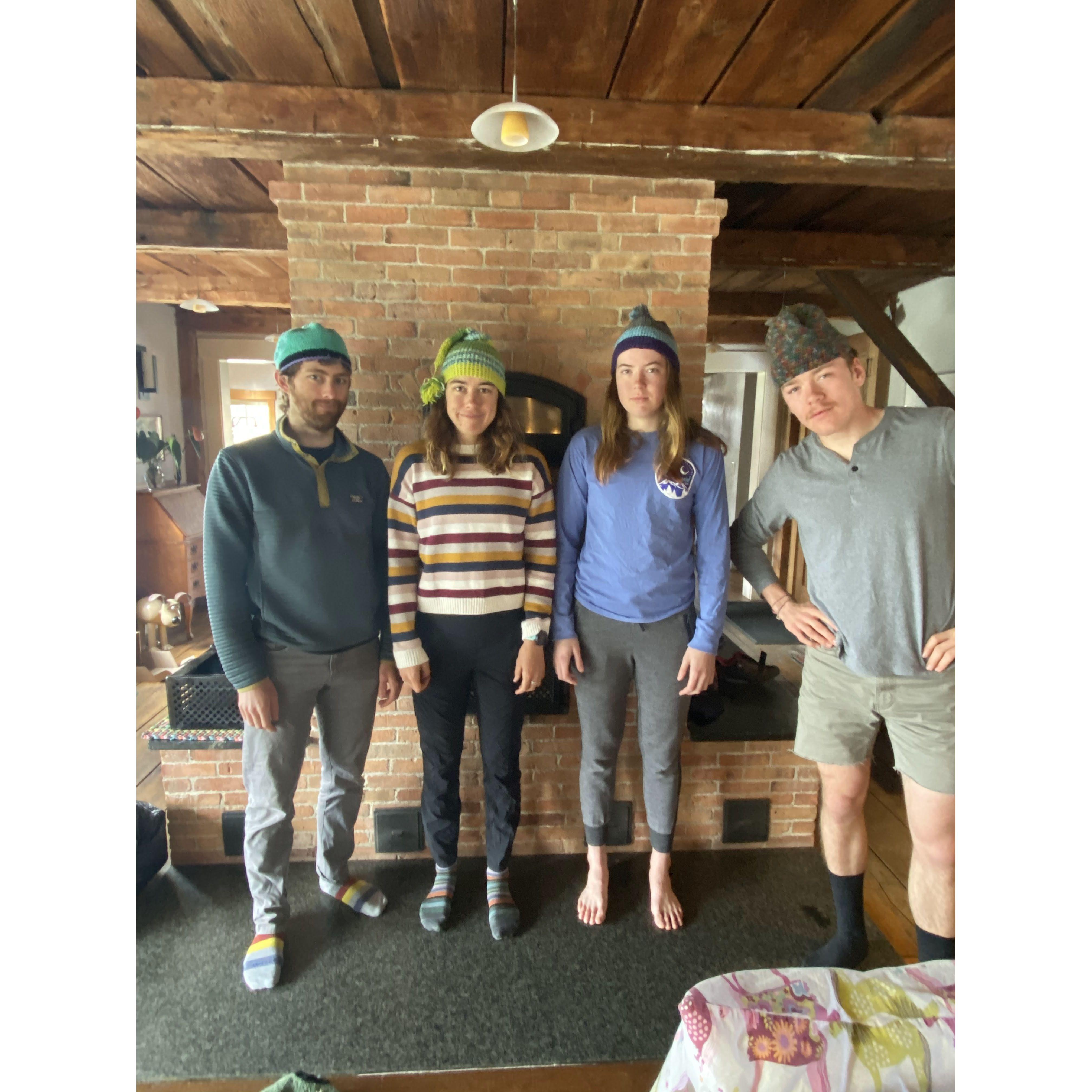 Modeling homemade hats.