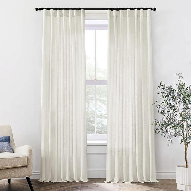 120 Inch Long Linen Curtains,Mount with Back Tab Hooks Belt for Rail Track,Light Filtering Semi Sheer Large Tall Window High Ceiling Curtain for Living Room,2 Panels Drapes,Cream(Ivory/Off White)