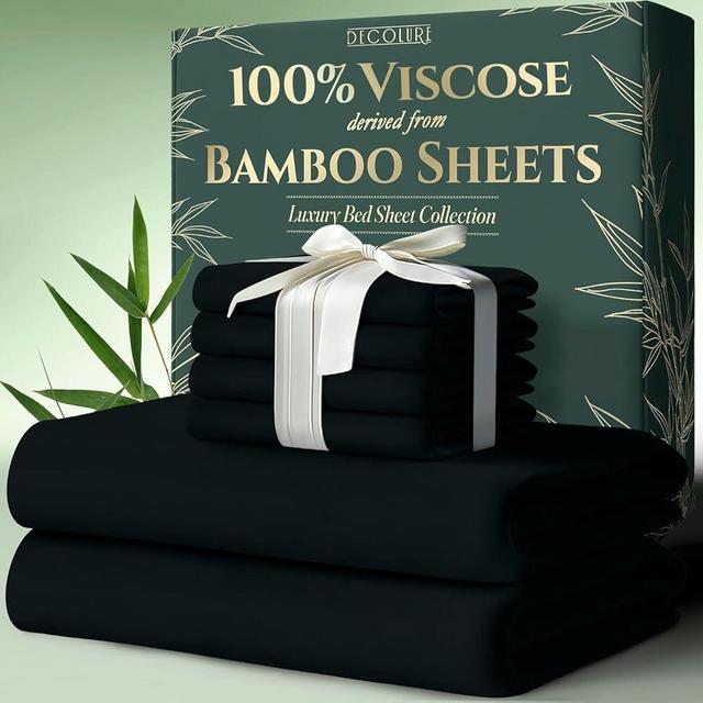 DECOLURE 100% Viscose Derived from Bamboo Sheets Queen Size 6pcs - Ultra Soft & Luxuriously Cooling, 17" Deep Pocket, Double Stitching, Perfect for Hot Sleepers - Queen Bed Sheets (Black)