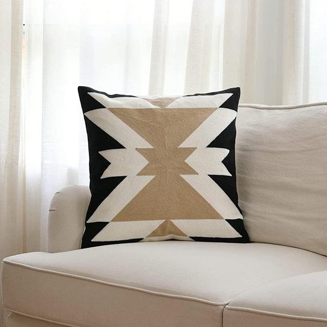 Black White Coffee Aztec Embroidery Throw Pillow Cover,Boho Tribal Geometric Pillowcase, Modern Farmhouse Brown Cushion Case for Couch Sofa Bed, 18"x18"