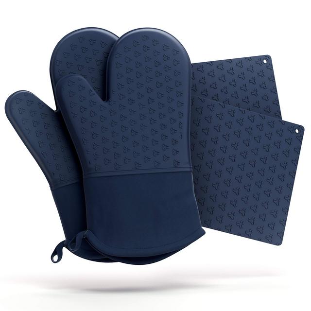 Navy Blue Silicon Oven Mitt & Potholder Set