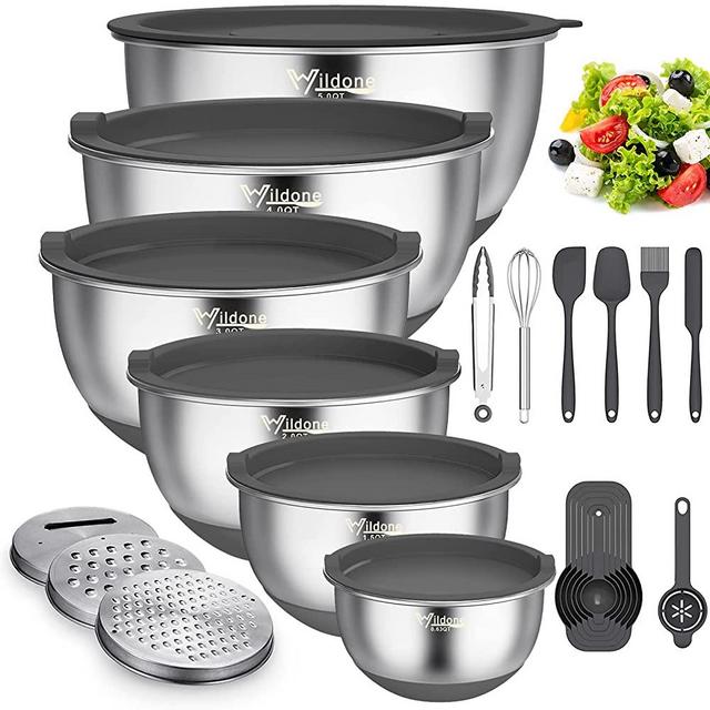 Mixing Bowls with Airtight Lids, 22 PCS Stainless Steel Metal Bowls by Wildone, 3 Grater Attacments, Measurement Marks & Non-Slip Bottom, Size 5, 4, 3, 2,1.5, 0.63QT, Great for Mixing & Serving(Gray)