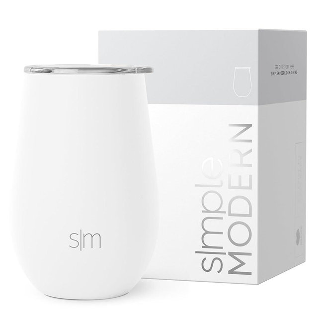 Simple Modern Wine Tumbler with Lid | Cute Stemless Glass Cup with Press-In Lid | Insulated Stainless Steel Coffee Mug | Gifts for Women Men Him Her | Spirit Collection | 12oz | Winter White