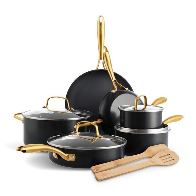 GreenPan Swift 12 Piece Cookware Pot and Pans Set, PFAS & PFOA-Free Healthy Ceramic Nonstick, Gold Stainless Steel Handle, Versatile Cooking Essentials, Dishwasher & Oven Safe, Black