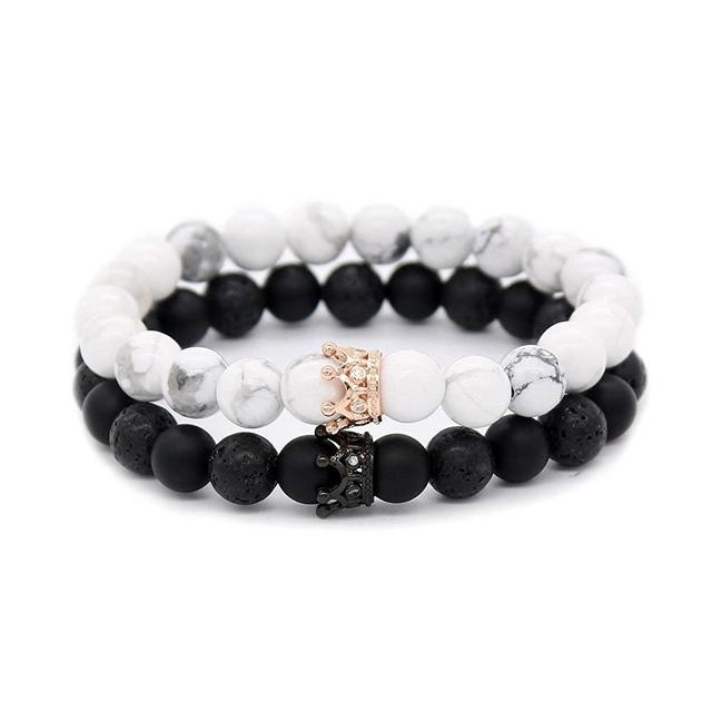 POSHFEEL 8mm Natural Stone CZ Micro Pave Crown King Queen Beads His and Hers Couple Bracelet, 7.5"