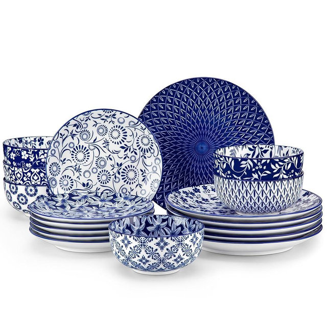 vancasso SELENE Plates and Bowls Set for 6, 18 Pieces Dinnerware Sets, Mircowave and Dishwasher Safe Dishes Set, Porcelain Blue Dinnerware