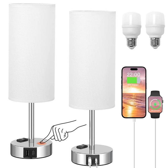 Touch Lamps for Bedrooms Set of 2 Bedside - 3 Way Bedroom Lamps for Nightstand, Modern End Table Lamp with USB C Ports Outlets, TWO Dimmable Bed Side Lamps for Living Room, Night Stand Light Kid Guest