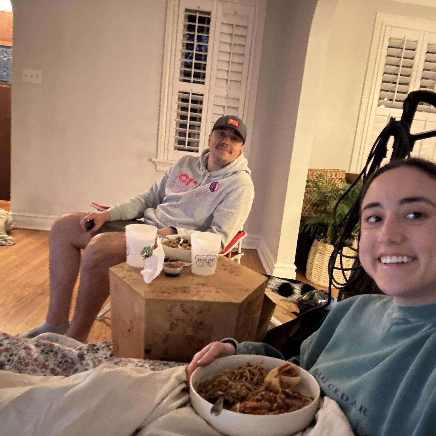 First night in the new house! Chinese on our lawn chairs and blow up mattress!