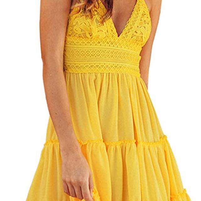ECOWISH Womens V-Neck Spaghetti Strap Bowknot Backless Sleeveless Lace Mini Swing Skater Dress