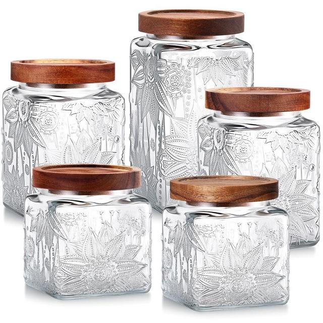 Suclain 5 Pcs Sunflower Vintage Glass Jars with Bamboo Lid 17/24/34 oz Glass Food Containers Storage for Kitchen Counter Pantry Sugar Flour Coffee Tea Candy Oats Cereal