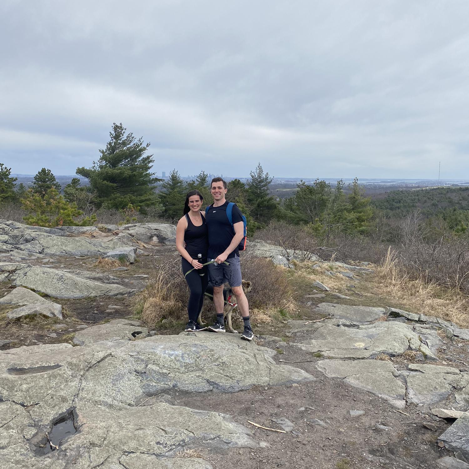 Our first photo together on a hike with our dog Onyx!