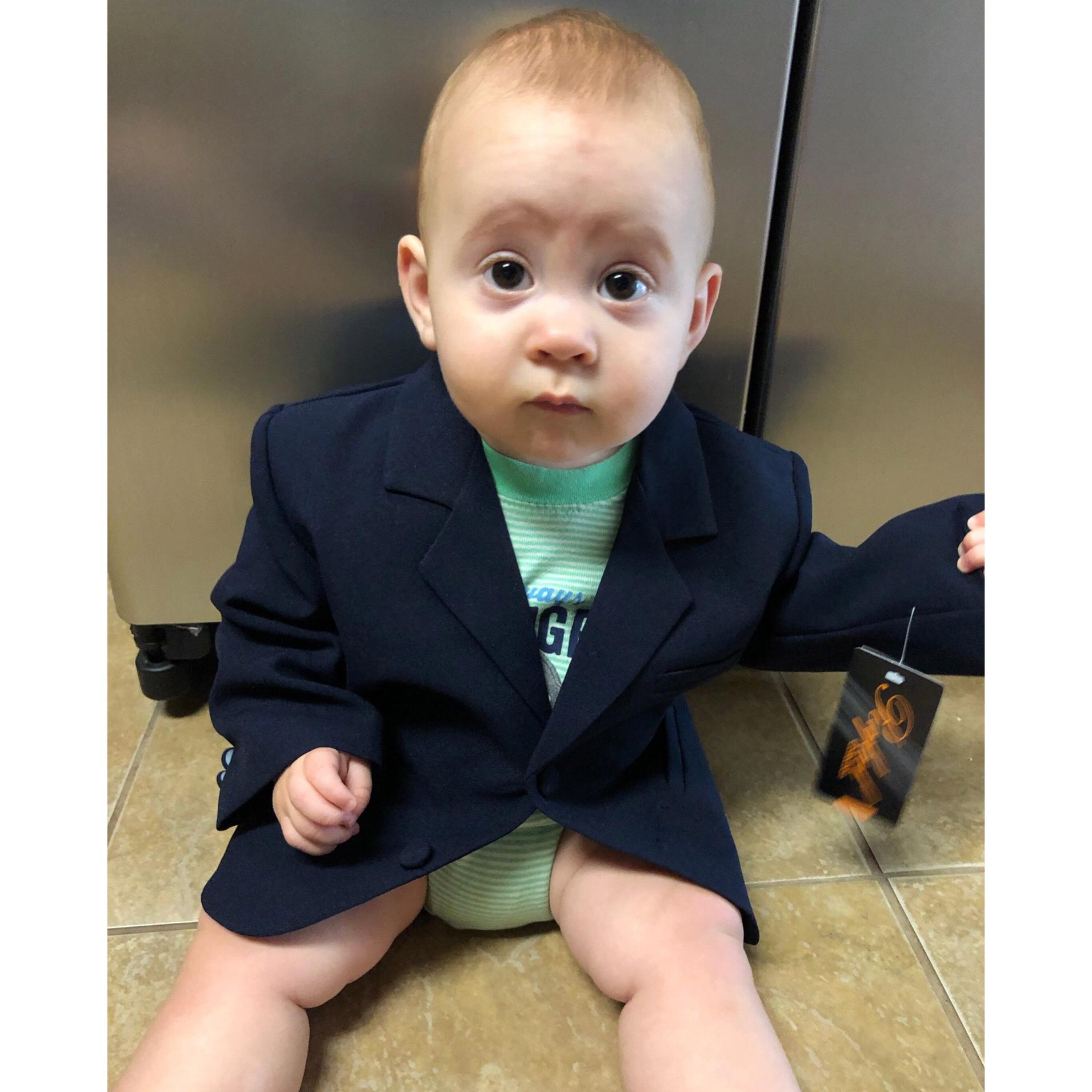 Baby Logan trying on his suit. September 3, 2020.