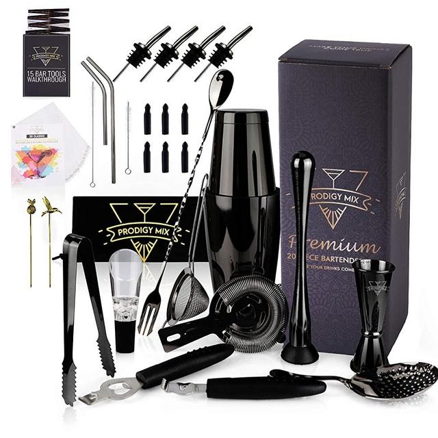 The Complete Mixology Bartender Kit 20-Piece Boston Cocktail Shaker Set - Premium Bar Accessories & Tools Set, Bonus Velvet Bag & Recipe Book, Stainless Steel Drink Mixer (Black)