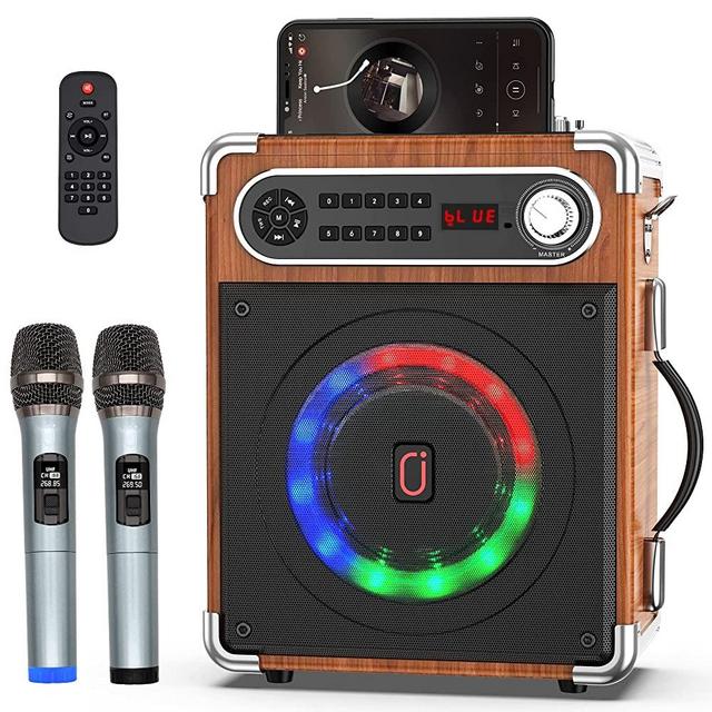 JYX Karaoke Machine with Two Wireless Microphones, Portable Bluetooth Speaker with Bass/Treble Adjustment, Remote Control and LED Lights, Supports TF Card/USB, AUX IN, FM, REC for Party