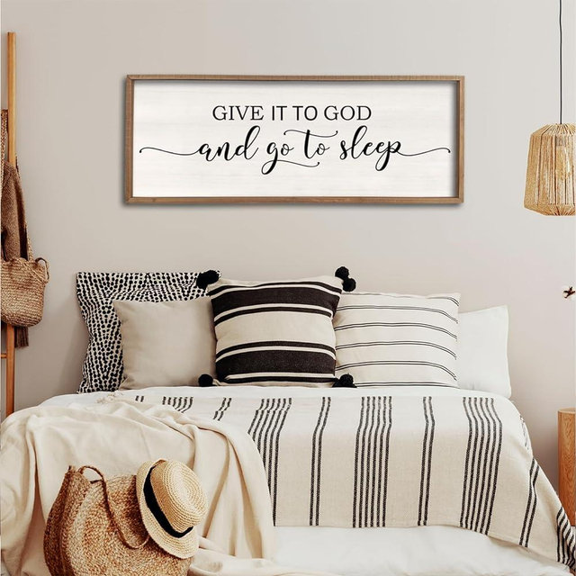 Give It To God And Go To Sleep Sign Wall Decor 40"X15" Master Bedroom Above Bed Large Farmhouse Wall Decor Wood Rustic Framed Over Bed Wall Art Hanging Decoration (Wood White)