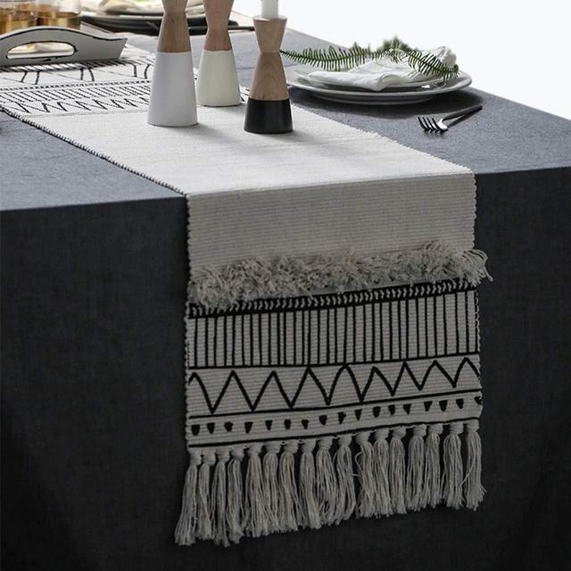 KIMODE Moroccan Fringe Table Runner, Bohemian Geometric Handmade Woven Tufted Cotton Canvas Fabric Decorative Table Runners Minimalist Home Decor, Black and White,14 in X 87 in