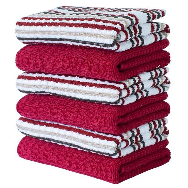 CRAFTSWORTH Kitchen Towels, 15 x 26 Inches, Pack of 6, 400 GSM, 100% Ring Spun Cotton, Solid & Stripe Red Dish Towels Super Soft and Absorbent, Tea Towels and Bar Towels
