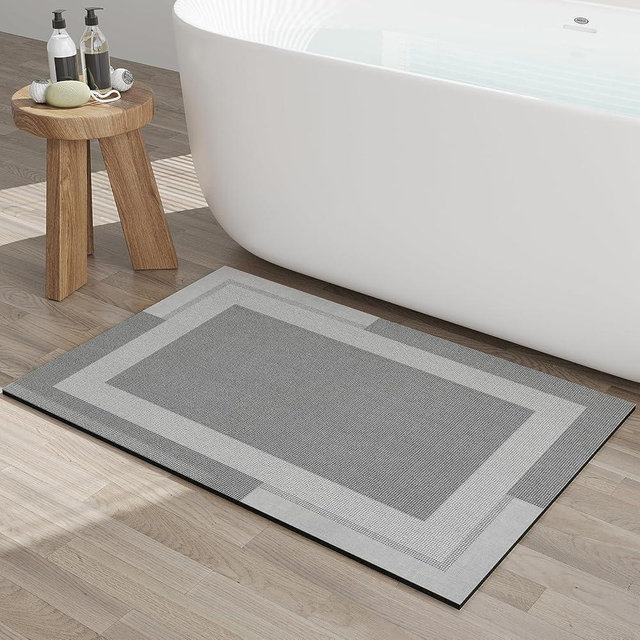 YDKGL Non Slip Thin Bath Mat Bathroom Rugs, Rubber Backing Ultra Thin Bathroom Rug Fit Under Door, Quick Dry Super Absorbent Washable Shower Bath Mats for Bathtub Side Floor, Easy Care Gray 16"x 24"