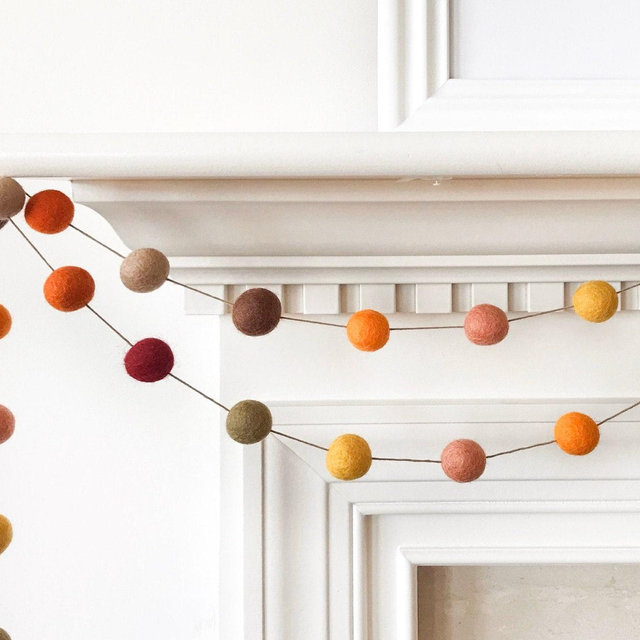 Falling Leaves Felt Ball Garland, Thanksgiving Felt Ball Garland, Autumn Decor, Orange Gold Burgundy and Brown Pom Pom Garland