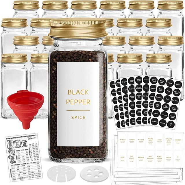 Talented Kitchen 24 Gold Glass Spice Jars with 2 Types of Preprinted Spice Labels. Commercial Grade, Complete Set: 24 Square Jars 4oz, Gold Minimalist Labels & Chalk, Airtight Gold Caps & Sift Shakers
