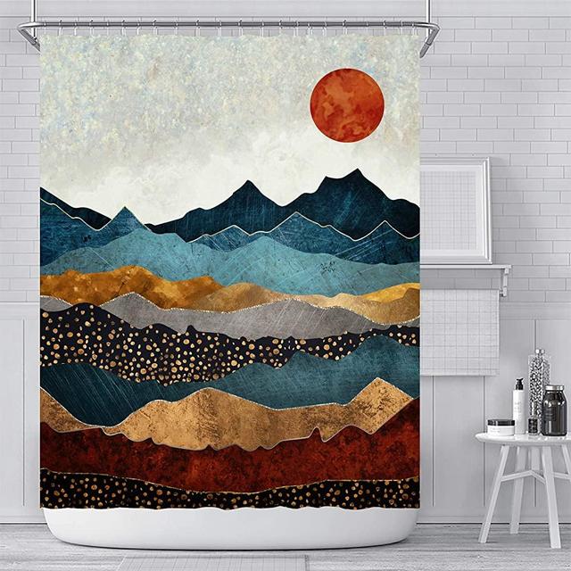 Ujoyen Mountain Shower Curtain Sunset Sunrise Nature Landscape Bathroom Curtain Colorful Abstract Art Painting Bathroom Decor with Hooks Waterproof Washable 72 x 72 inches- red Black Blue