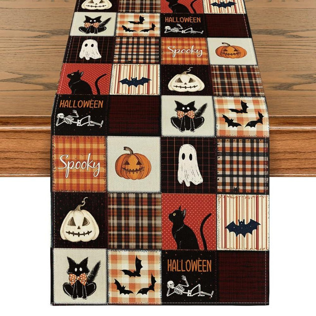 Artoid Mode Black Cat Bat Pumpkin Spooky 210 GSM Halloween Table Runner, Ghost Kitchen Dining Table Decoration for Home Party Decor 13x72 Inch