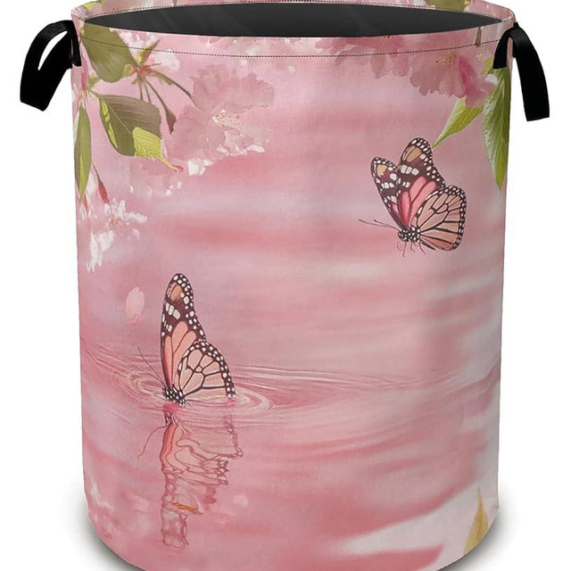 Pink Butterfly Laundry Basket,Flowers Collapsible Laundry Baskets with Handles,Waterproof Oxford Cloth Storage Basket 16"x20" for Bathroom/Bedroom/Dormitories