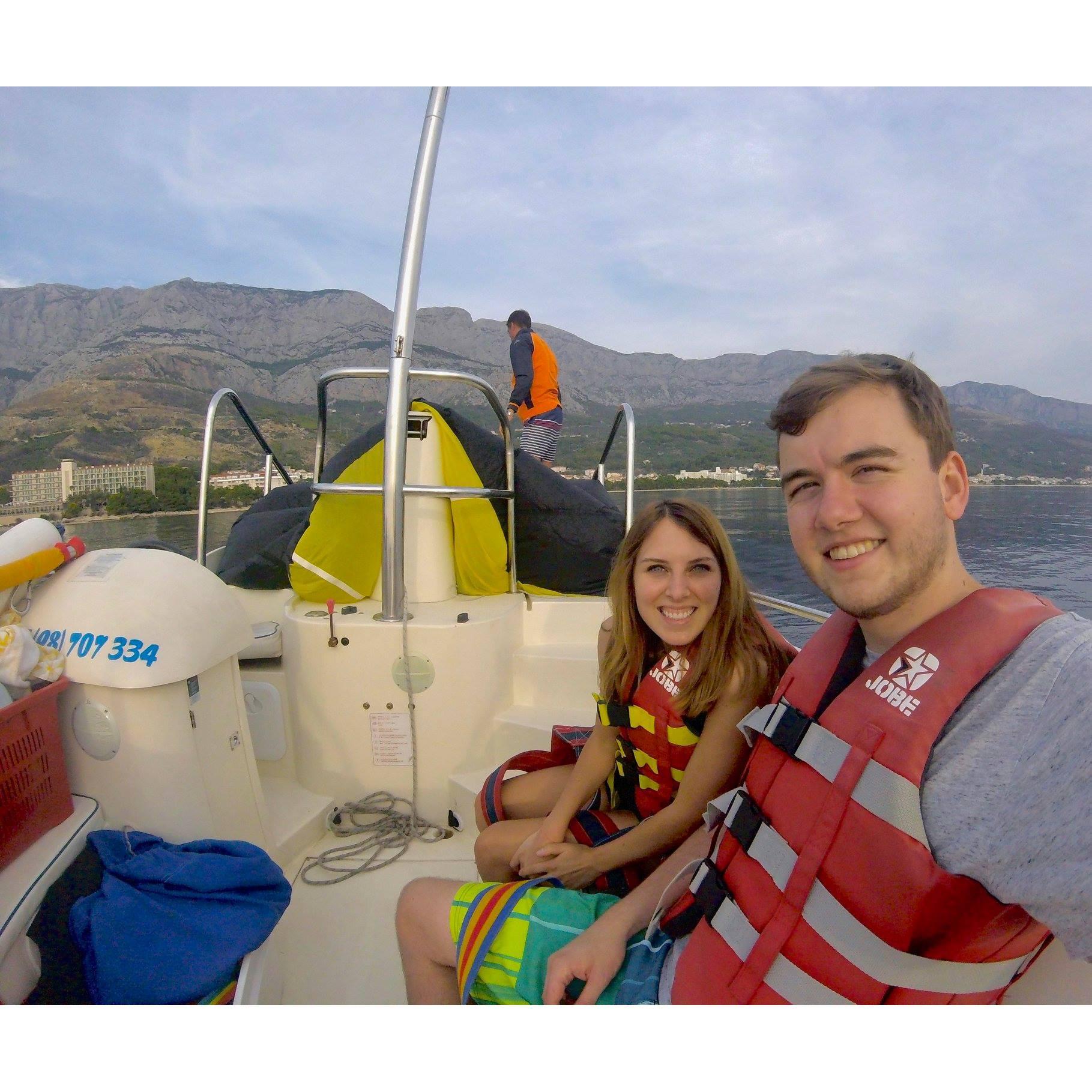 Parasailing outside the U.S., before we learned you shouldn't parasail outside the U.S... (Makasara, Croatia)