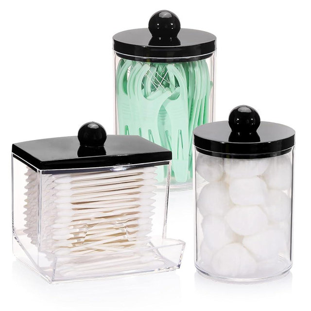 Tbestmax 10oz Cotton Ball Holder Qtips Dispenser, Bathroom Container Organizer for Storage Cotton Swabs, Pads - Apothecary Jar with Black Lids