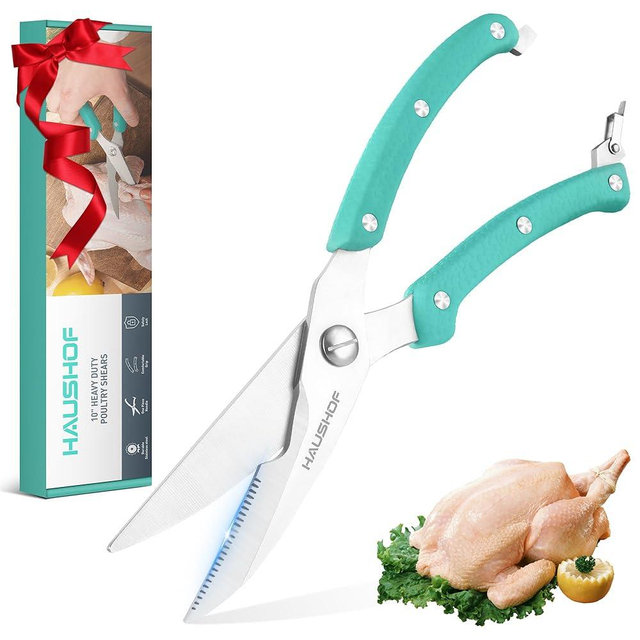 HAUSHOF Kitchen Shears for Food, Heavy Duty Poultry Shears, Stainless Steel Sharp Kitchen Scissors with Serrated Blade, One-Piece Handle, Spring, Safety Lock, 10" Food Scissors for Bones, Meat, Fish