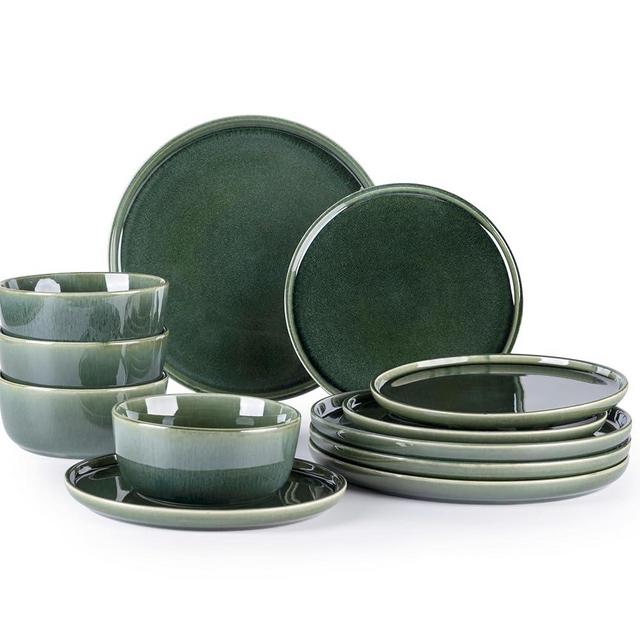 GBHOME Ceramic Dinnerware Sets for 4, 12 Pieces Stoneware Plates and Bowls Sets, Scratch Resistant Dishes, Dishwasher & Microwave Safe, Reactive Glaze-Earth Green