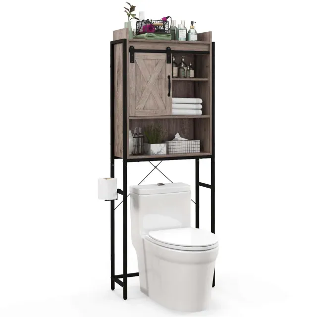 Costway Over-The-Toilet Storage Cabinet Bathroom Organizer with Sliding Barn Door Rustic Grey