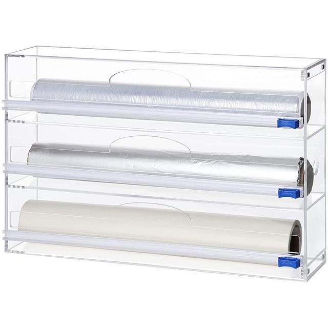 3 in 1 Plastic Wrap Dispenser with Cutter, Acrylic Foil and Plastic Wrap Organizer, Clear Aluminum Foil Dispenser with Cutter for Drawer, Wax Paper Holder with Slide Cutter, Compatible with 13" Roll