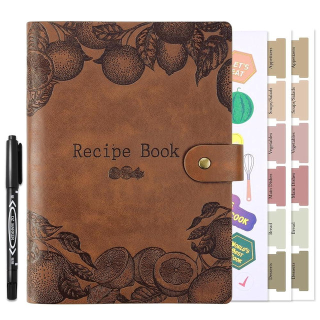 XKDOUS Recipe Book to Write in Your Own Recipes, Brown Leather Cookbook Hold 150 Recipes, Waterproof Recipe Journal Notebook with Long and Short Recipe Pages, Blank Cook Book