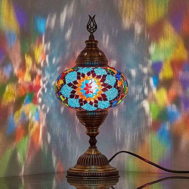 DEMMEX Turkish Moroccan Mosaic Table Bedside Night Lamp, Tiffany Style Colorful Handmade Glass Mosaics Unique Oriental Exotic Table Lamp, 6.5" Big Size Globe, 14" Height, Handmade in Turkey, BlueMulti
