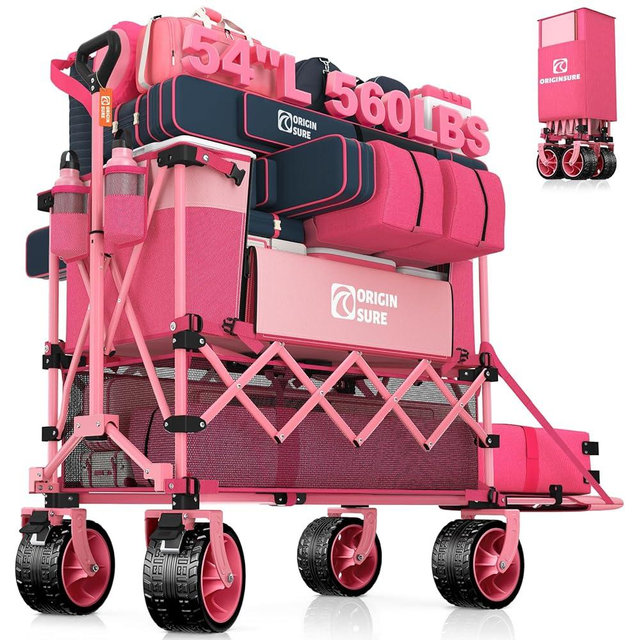 400L Double Decker Wagon Collapsible with 54" L Tailgate, 560lbs Heavy Duty Wagons Carts Foldable, Extra Large Folding Beach Wagon with Big All-Terrain Wheels for Camping, Sports, Groceries, Pink