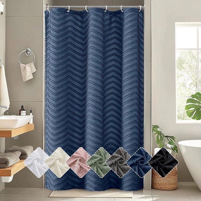 OVZME Small Stall Dusty Blue Shower Curtain for Bathroom, Half Size Modern Farmhouse Boho Tufted Striped Texture Shower Curtain, Soft Fabric Premium Cloth, 36Wx72L Inches