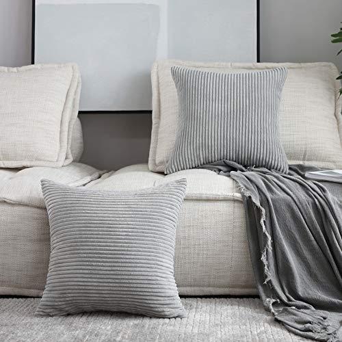 Home Brilliant Holiday Decor Throw Pillows Striped Velvet Cushion Cover for Chair Decorative Pillowcase, Set of 2, Light Grey, 18x18 Inches (45cm)