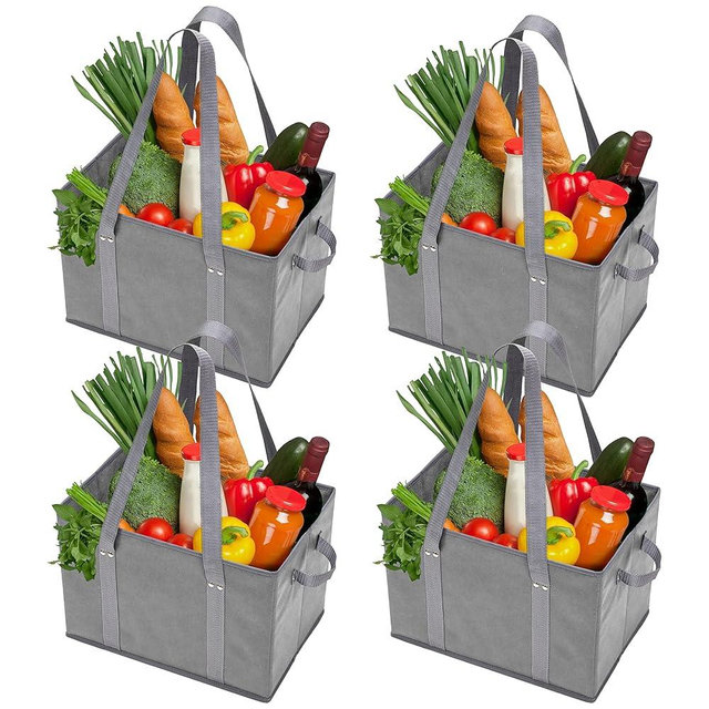 BAG-THAT! 4pk Reusable Grocery Bags Shopping Bags Tote Box Large Heavy Duty Groceries Bag Handles Foldable Reinforced Bottom (Gray)