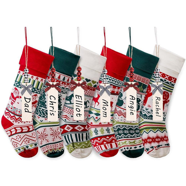 Mostop 6 Pack Christmas Stockings, 21 Inches Large Cable Knitted Stockings, Snowflake Reindeer Snowman Christmas Tree Knitted Stocking Decorations for Xmas Family Holiday Season Decor