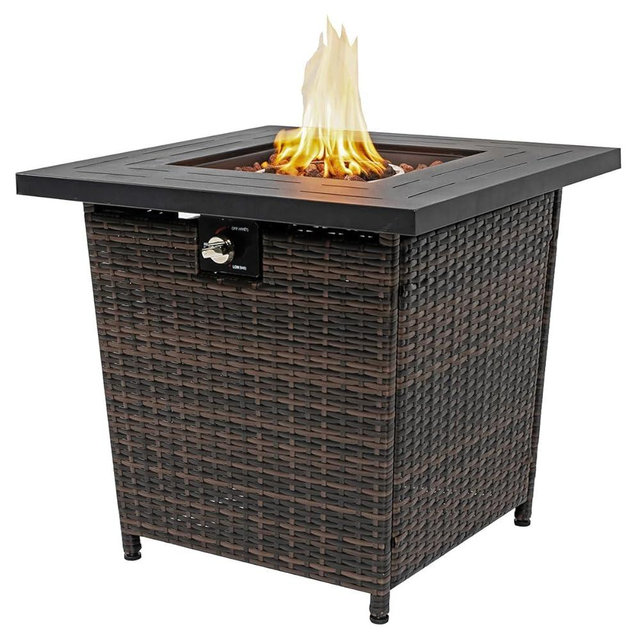 AJ Enjoy 28'' Propane Fire Pit Table, 50,000 BTU Fire Table with Brown Wicker, Laval Rocks, Inclined Leg Design.