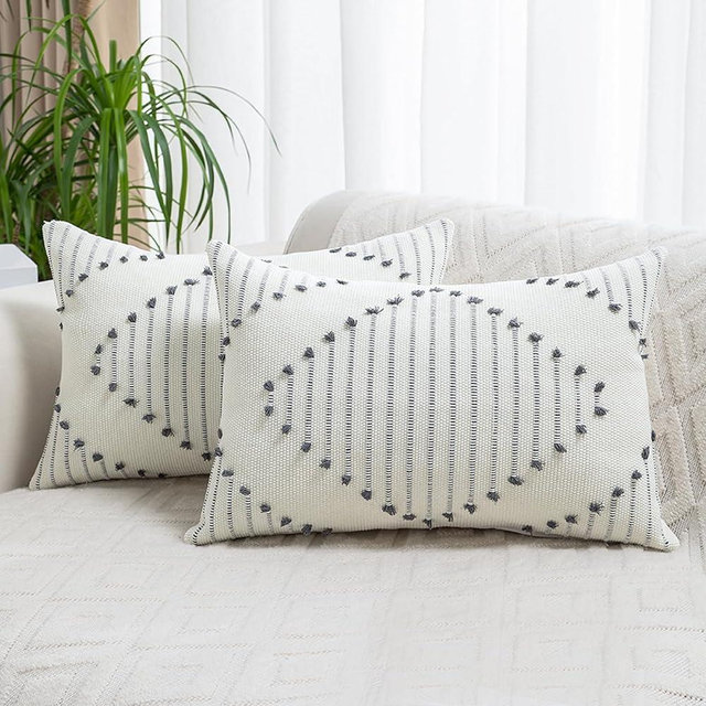 LILEPOY Boho Throw Pillow Covers 12x20 Set of 2 Decorative Pillow Cover Farmhouse Lumbar Pillowcase Modern Soft Textured Pillow Cases Neutral Striped Pillow Covers for Couch Sofa Bed, Grey