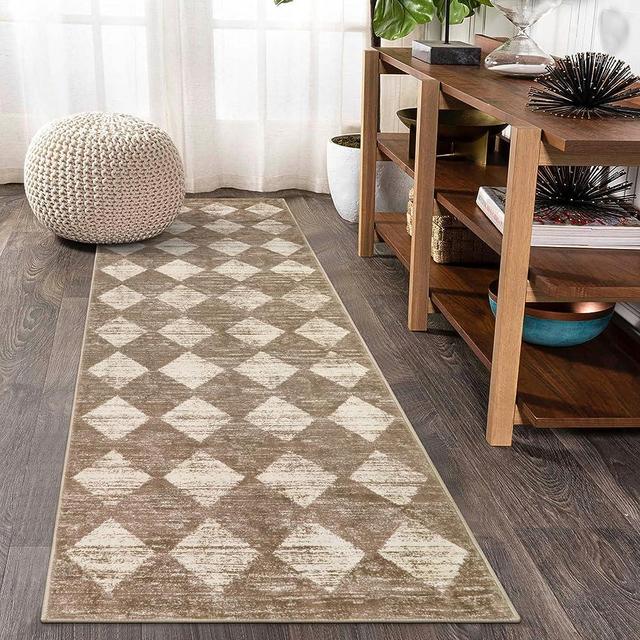 Lahome Moroccan Treills Runner Rug - 2x6 Beige Washable Rug Runner Carpet Runners for Hallway 6ft Non Skid, Checkered Long Kitchen Bathroom Non Skid Runner Rug for Bedroom Hallway Entryway