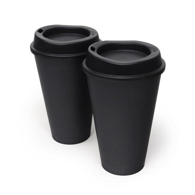 Rolling Sands USA Made 16 oz Reusable Coffee Cups with Lids 2 Pk, To Go Travel Cups, Hot or Cold Drinks, Dishwasher and Microwave Safe, Black