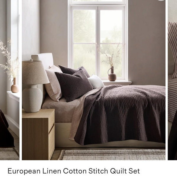European Linen Cotton Stitch Quilt Set - Espresso, King/Cal King