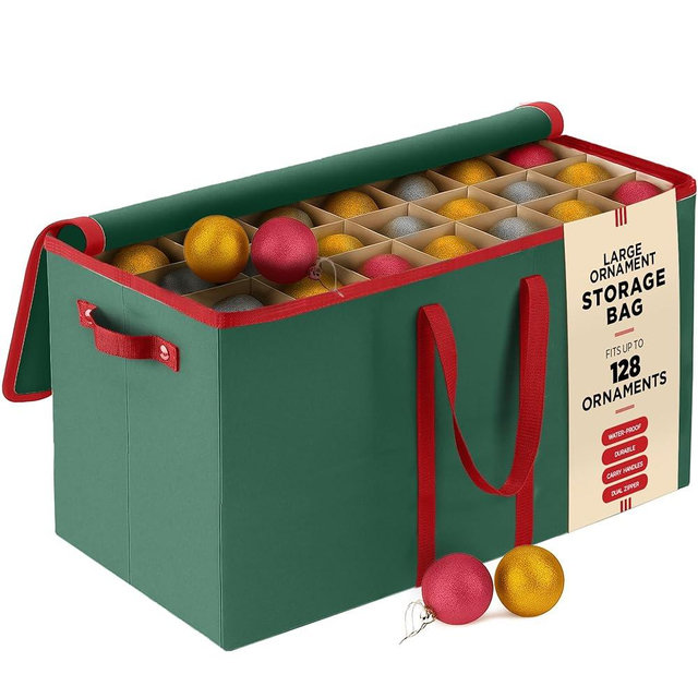 PEULEX 128 Ornament Storage Box, Adjustable Dividers, Stackable Holiday Ornament Organizer with Lid, Durable Fabric Bin for Christmas Decorations – Reinforced Handles, Dustproof, Space-Saving Design