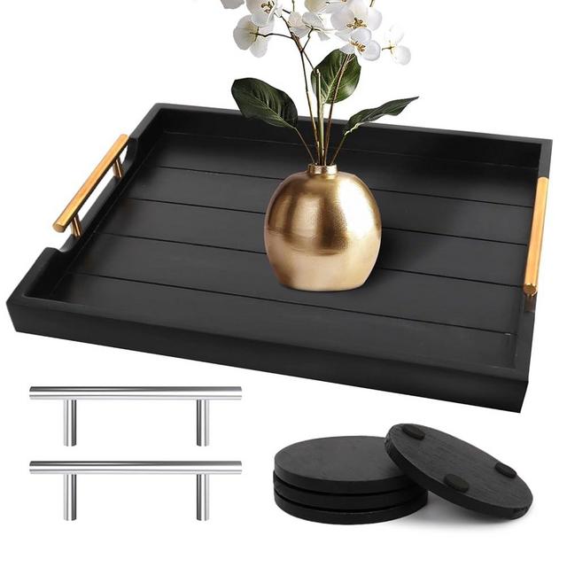 SXNOWS Coffee Table Tray - Large Ottoman Tray for Living Room - Wood Serving Tray with Handles(2 Sets) - Wooden Tray for Coffee Table, 4 Round Coasters Included, Black